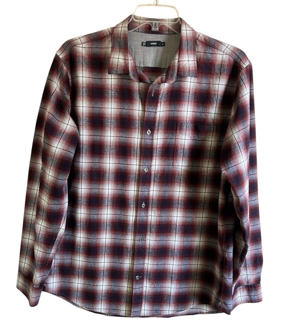 Vince Mens XL Plaid Button Up Shirt Cotton Flannel Soft Casual Grunge EUC